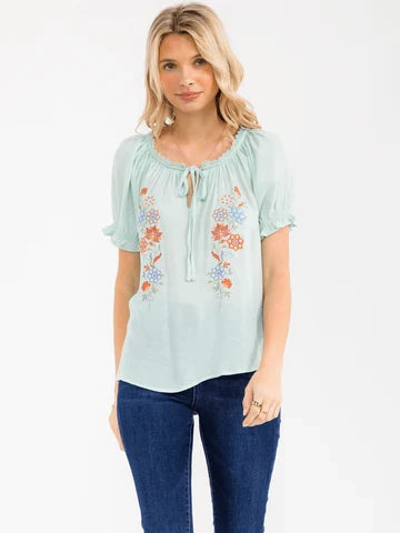 Women's Short Sleeve V-Neck Front Tie Embroidery Floral Blouse