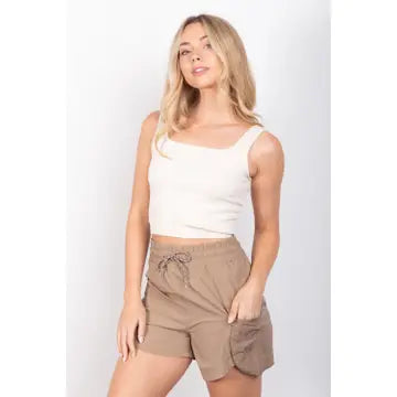 Mocha Elastic Waist Activewear Cargo Shorts