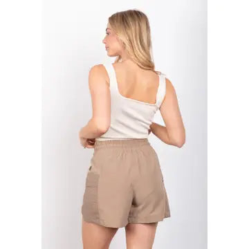 Mocha Elastic Waist Activewear Cargo Shorts