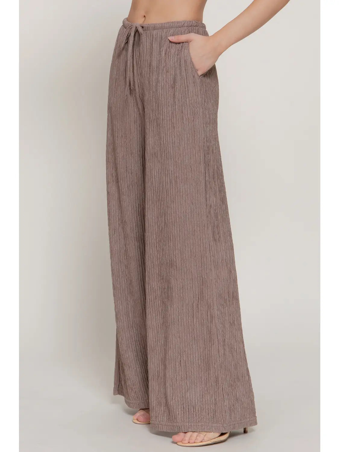 Mocha Drawstring Crinkle Knit Long Pants