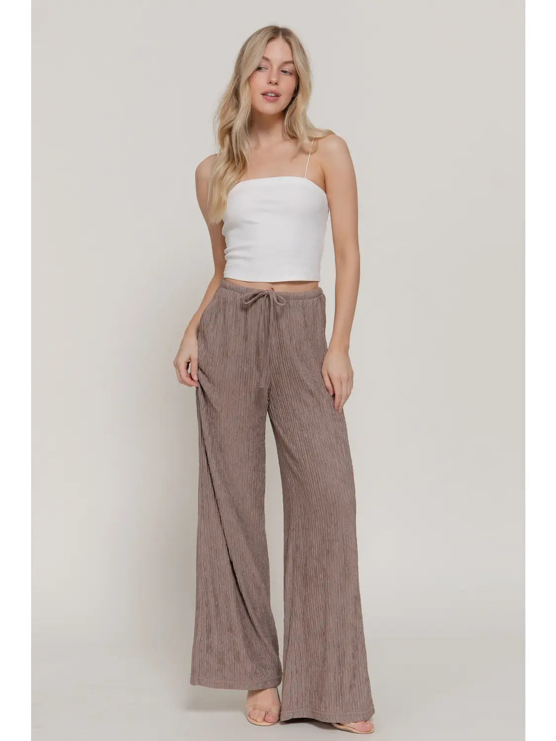 Mocha Drawstring Crinkle Knit Long Pants