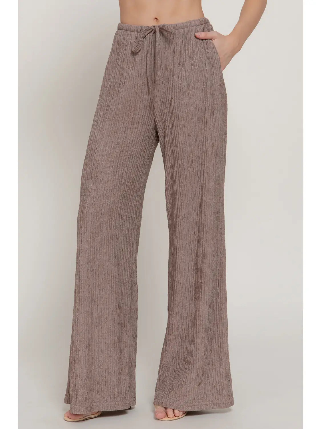 Mocha Drawstring Crinkle Knit Long Pants