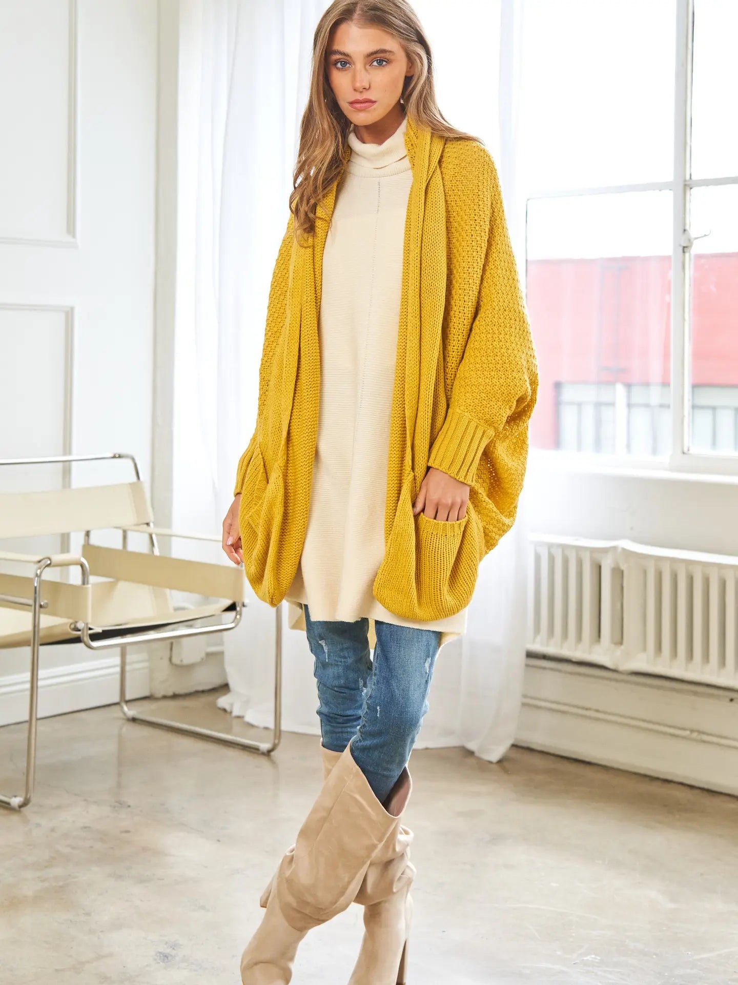 Mustard Knit Dolman Sleeves Cardigan - Athena's Fashion Boutique
