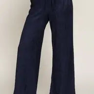Women's Navy Drawstring Crinkle Long Pants