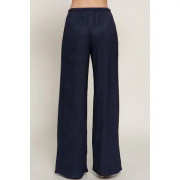Women's Navy Drawstring Crinkle Long Pants