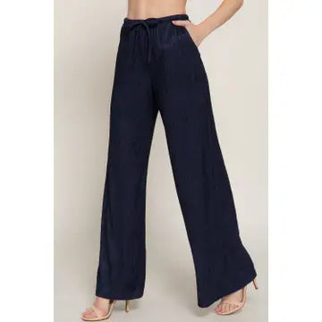 Women's Navy Drawstring Crinkle Long Pants