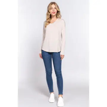 Women's Oatmeal Long Dolman Sleeve V-Neck Rayon Span Jersey Top