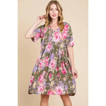 Women's Olive Floral Shirred Waist Dress