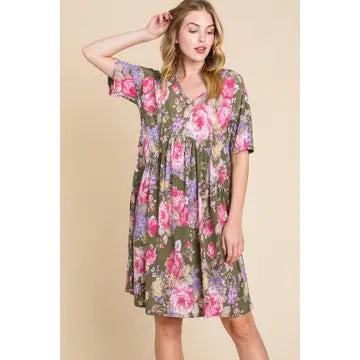 Women's Olive Floral Shirred Waist Dress