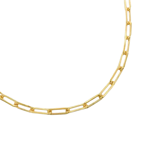 Gold Filled Medium Link paper Clip Chain Necklace on black checked background