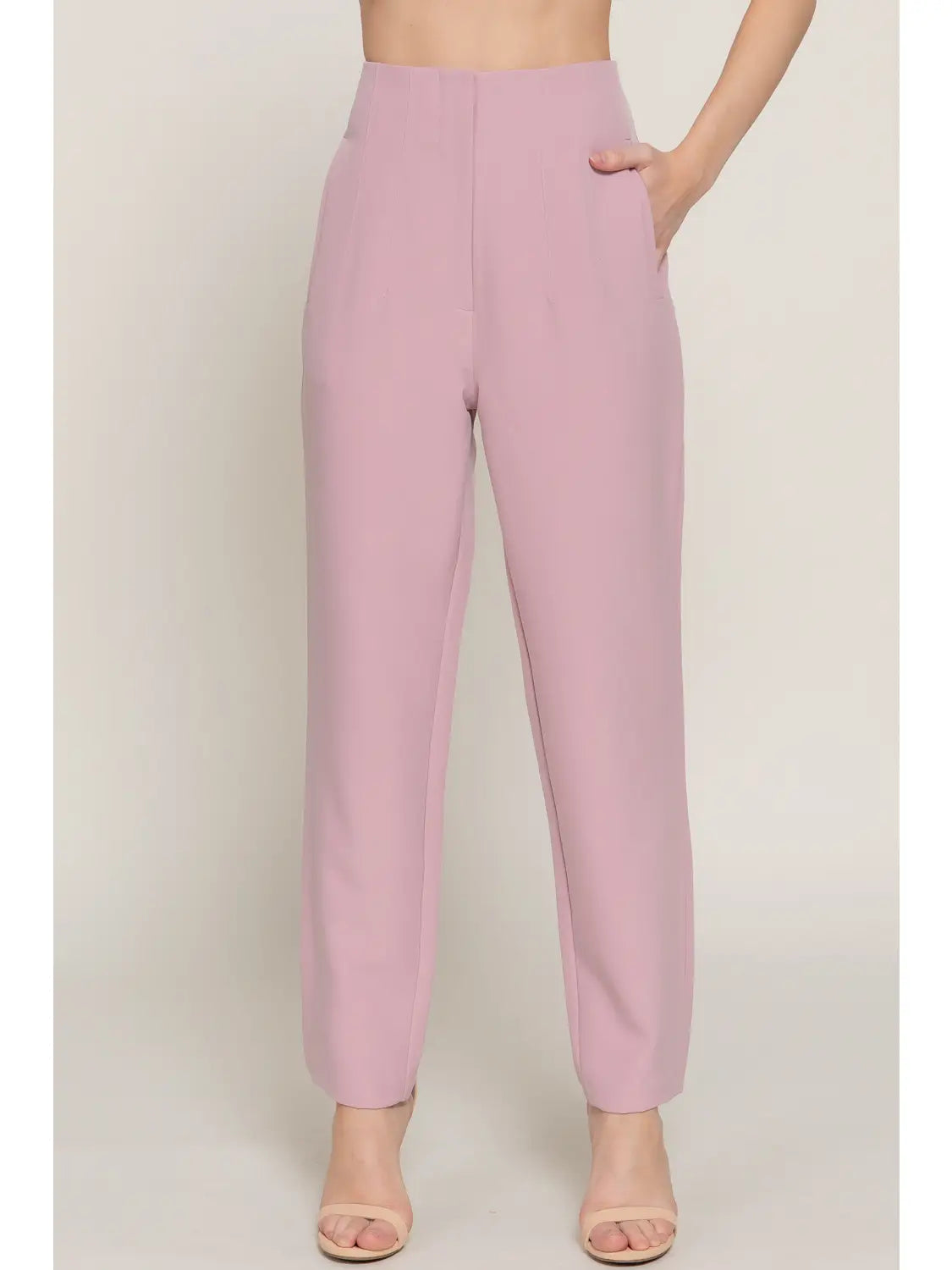 Pale Pink High Waist Pintuck Detail Long Pants