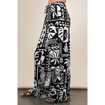Black and White Printed Casual Wide Leg Resort Pants