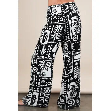 Black and White Printed Casual Wide Leg Resort Pants