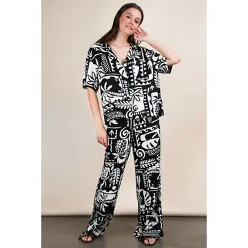 Black and White Printed Casual Wide Leg Resort Pants