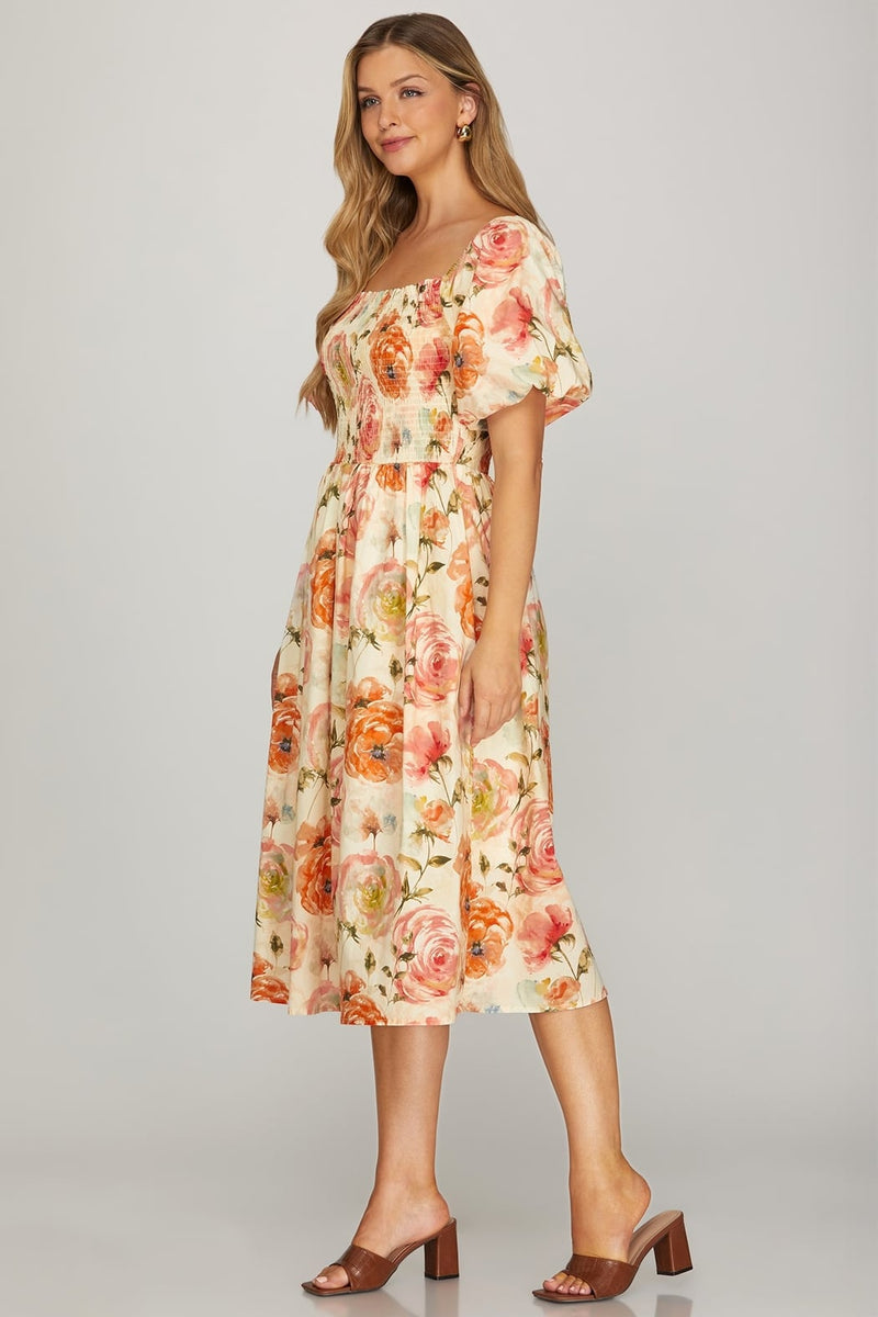smocked puff sleeve midi dress Floral Print Manufacturer Color_Wheat Gum Karen Kane Women's Lantern Pair with a clutch Size:4-5