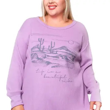 Women's Plus Long Sleeves Waffle Graphic Top
