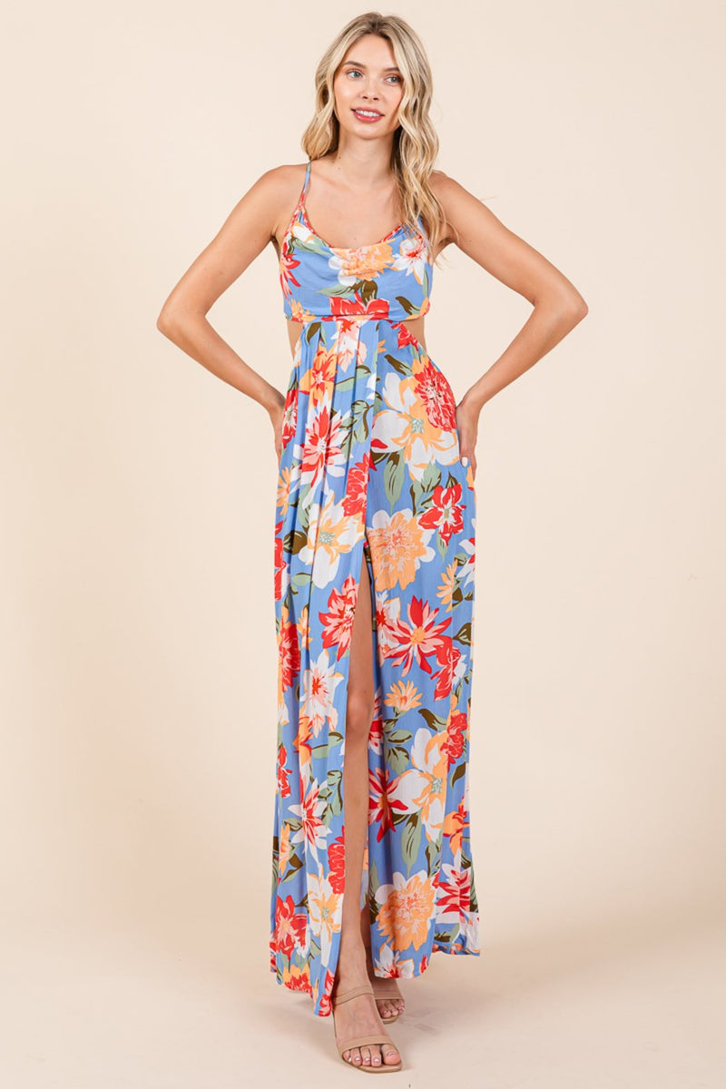 chinese dress ladies Flower Print Open Back Split Front Maxi Dress – Shoptiques