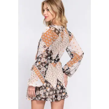 Black and Camel Long Sleeve V-Neck Surplice Belted Print Woven Romper