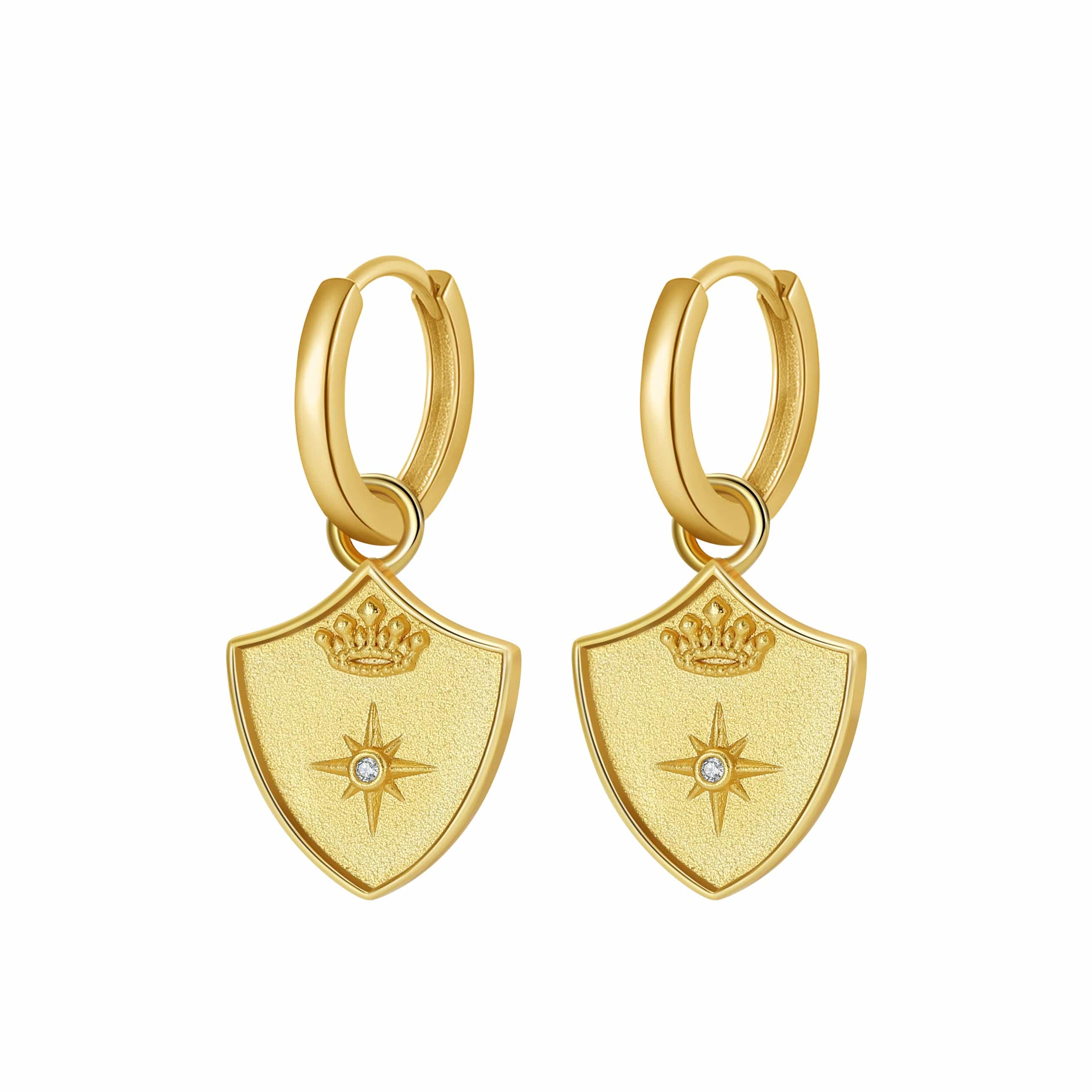 Saints & Saviors Gold Crown Shield Huggie Earrings