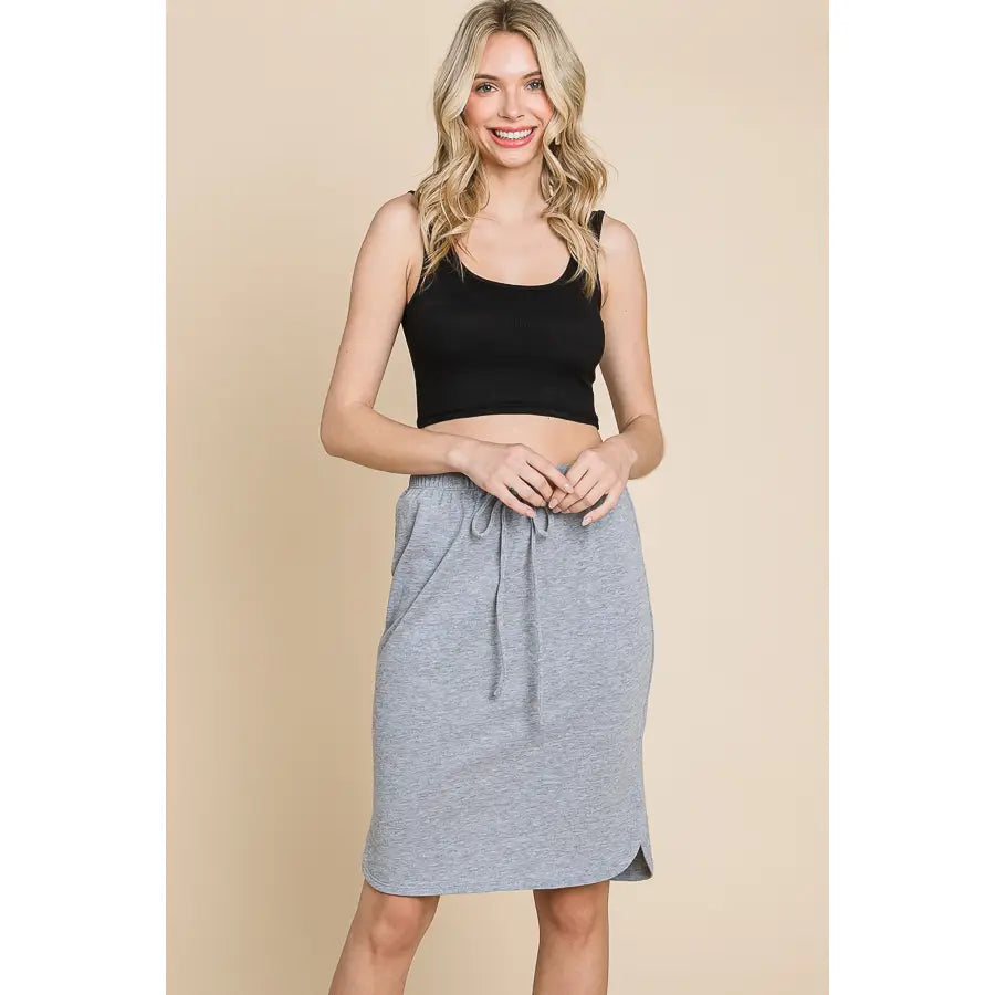 Gray Knee Length Drawstring Skirt