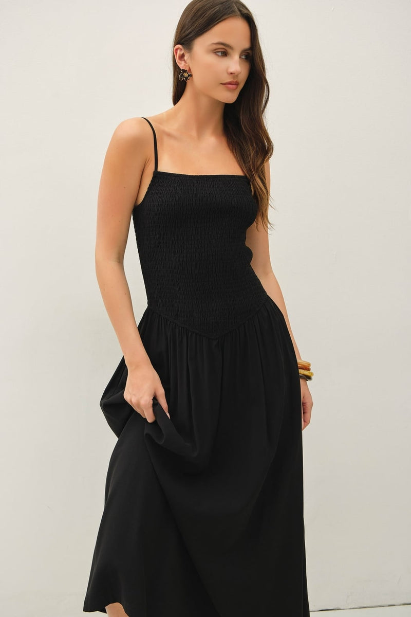 Smocked Bodice Dropped Waist Maxi Dress Black / M