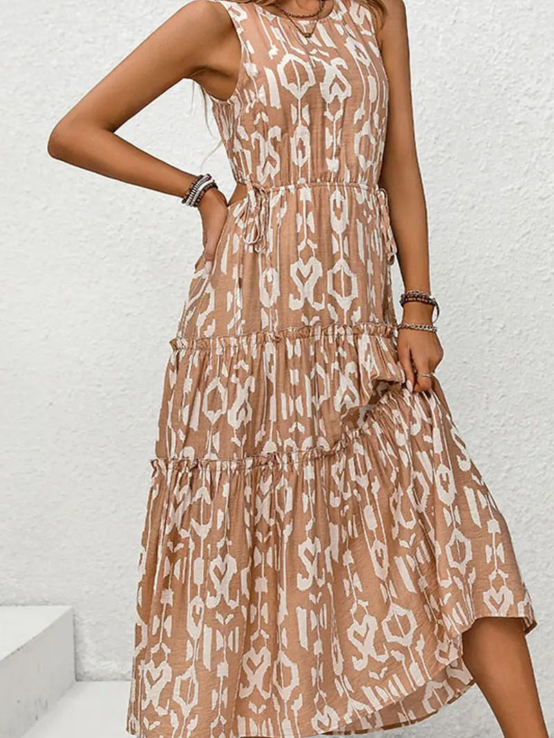 Brown and White Tiered Sleeveless Waist Baring Dress