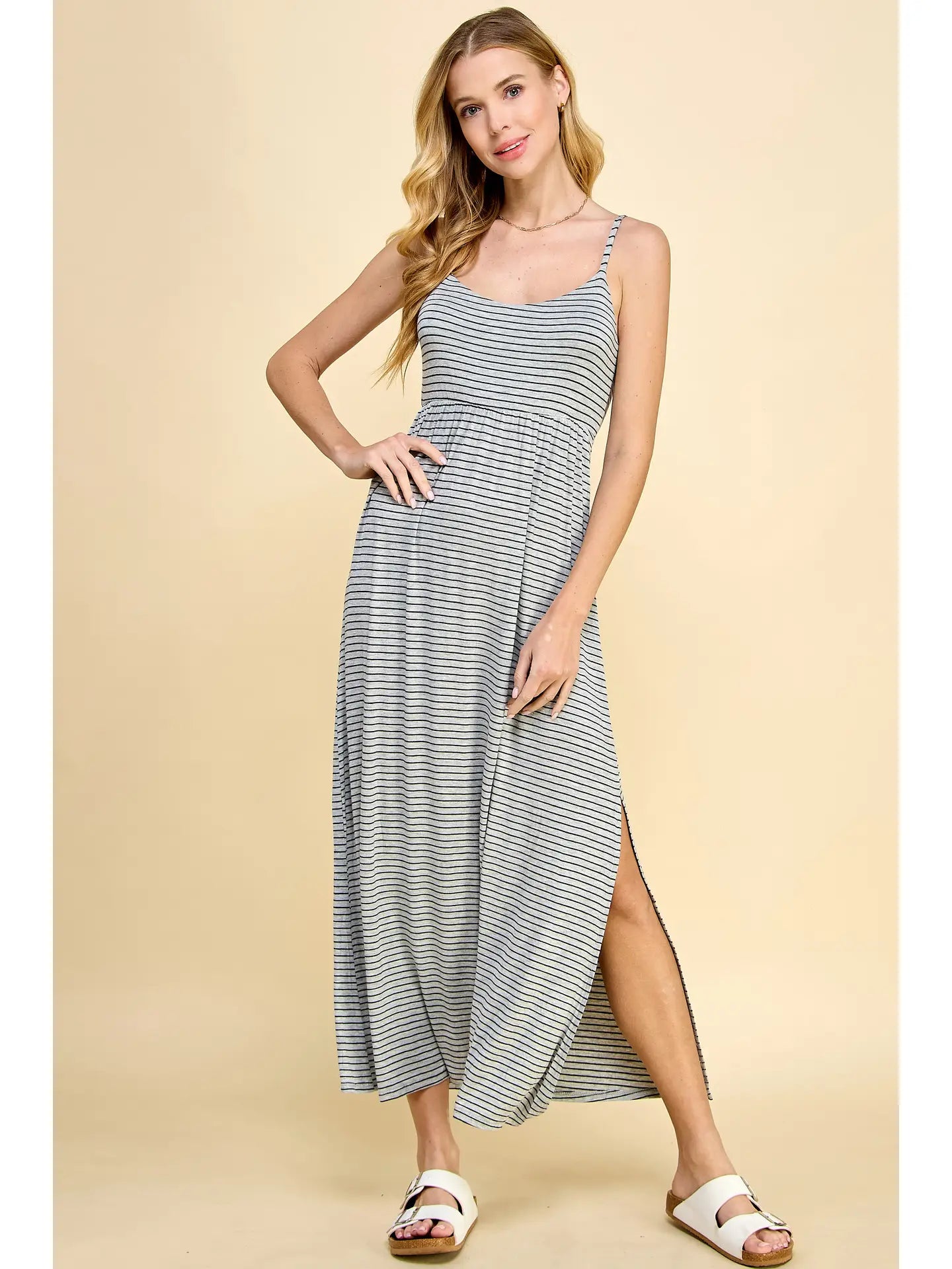 Heather Gray and Navy Slip Stripe Maxi Dress