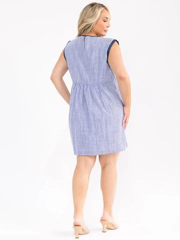 Plus Size Sleeveless V-Neck Multi Print Embroidery Stripes Mini Dress
