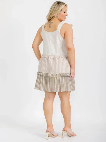 Plus Size Sleeveless Tiered Color Block Stripe Mini Dress
