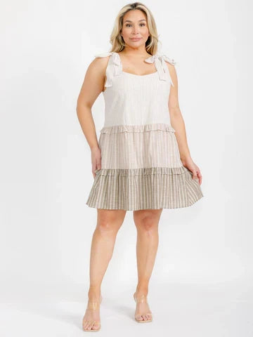 Plus Size Sleeveless Tiered Color Block Stripe Mini Dress