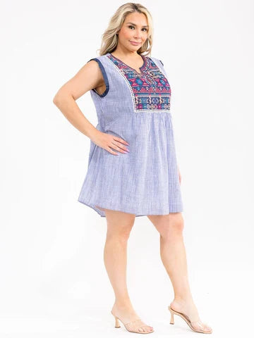 Plus Size Sleeveless V-Neck Multi Print Embroidery Stripes Mini Dress
