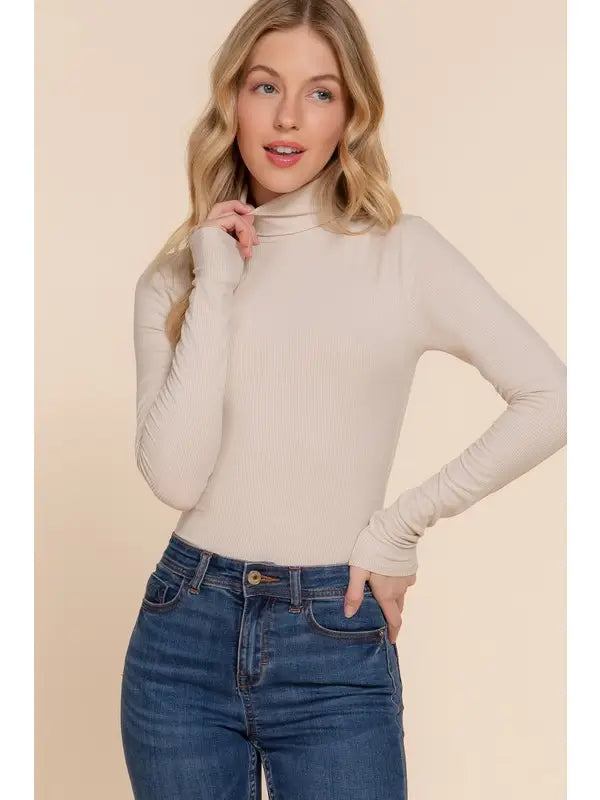 Taupe Long Sleeve Turtle Neck Rayon Rib Bodysuit - Athena's Fashion Boutique