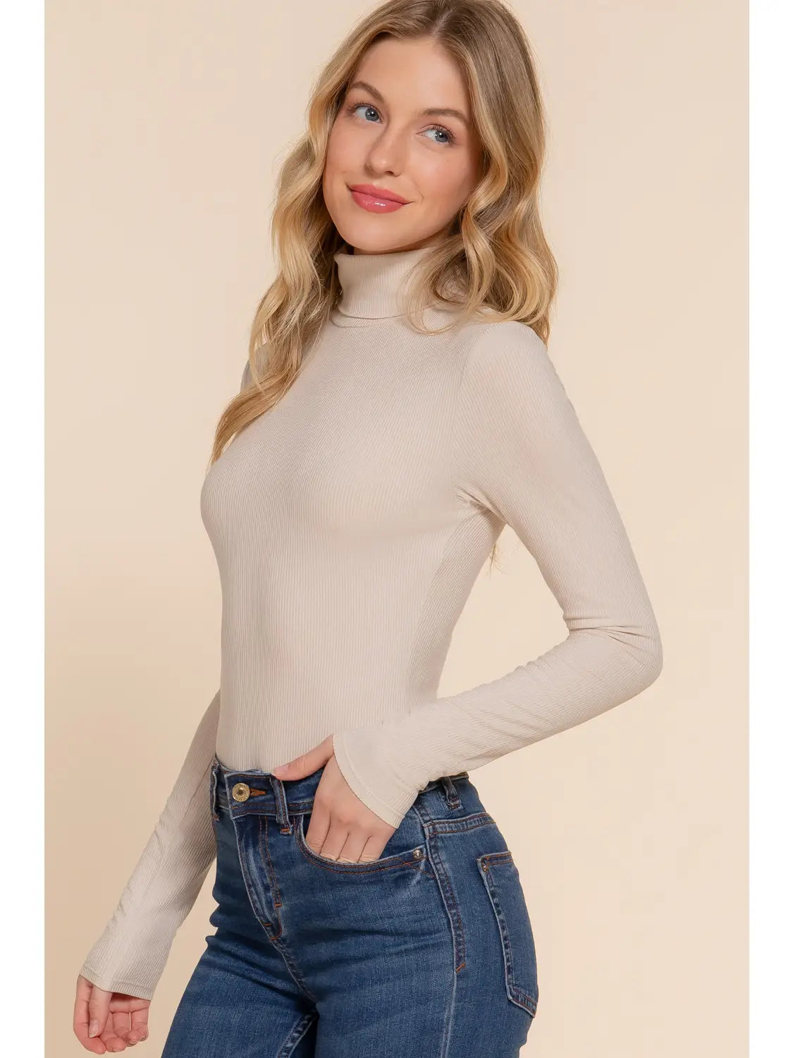 Taupe Long Sleeve Turtle Neck Rayon Rib Bodysuit - Athena's Fashion Boutique