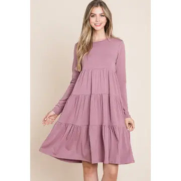 Dusty Rose Long Sleeve Tiered Dress - Athena's Fashion Boutique