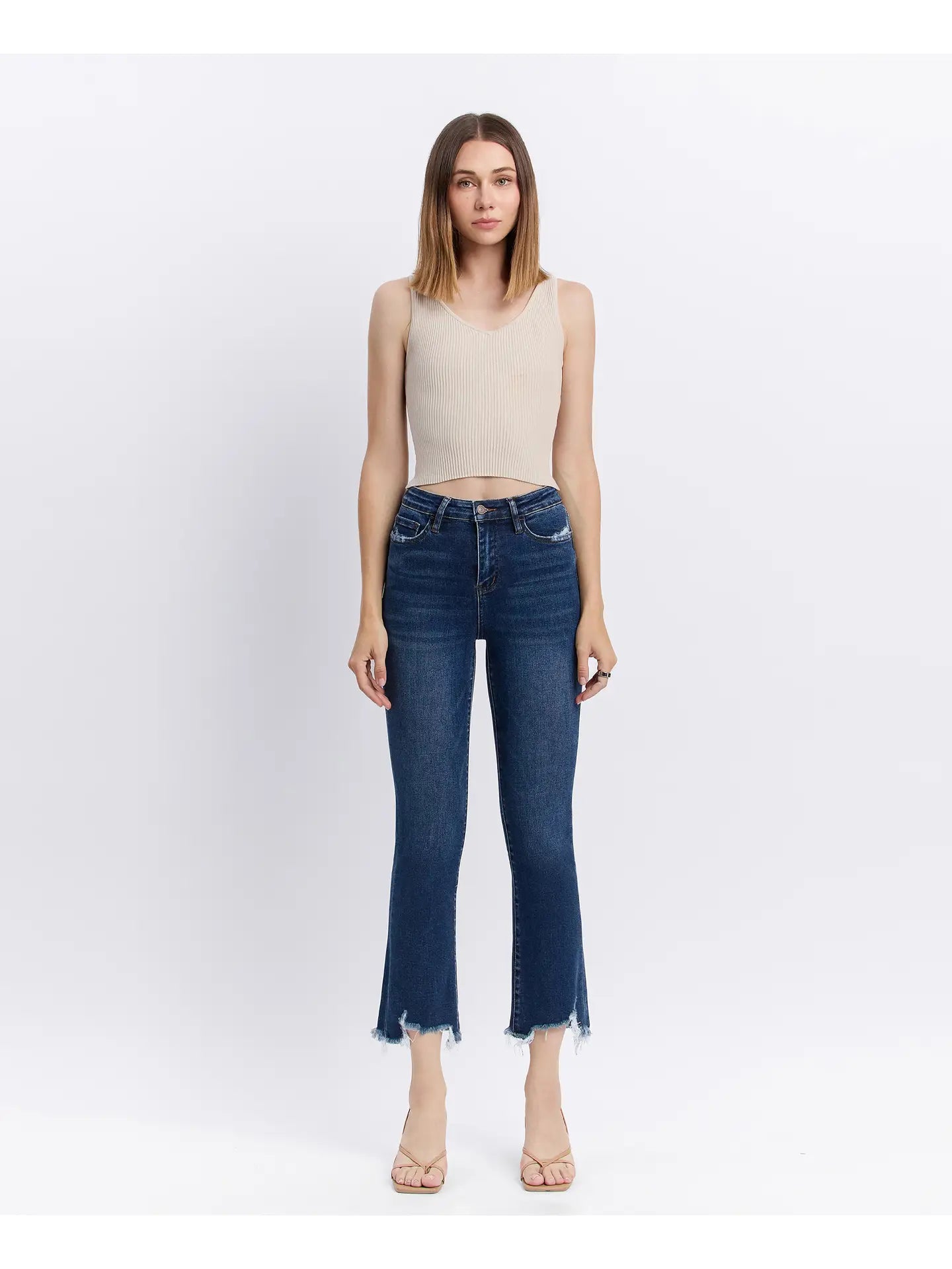 Vervet Dark Wash High Rise Distressed Hem Kick Flare Jeans