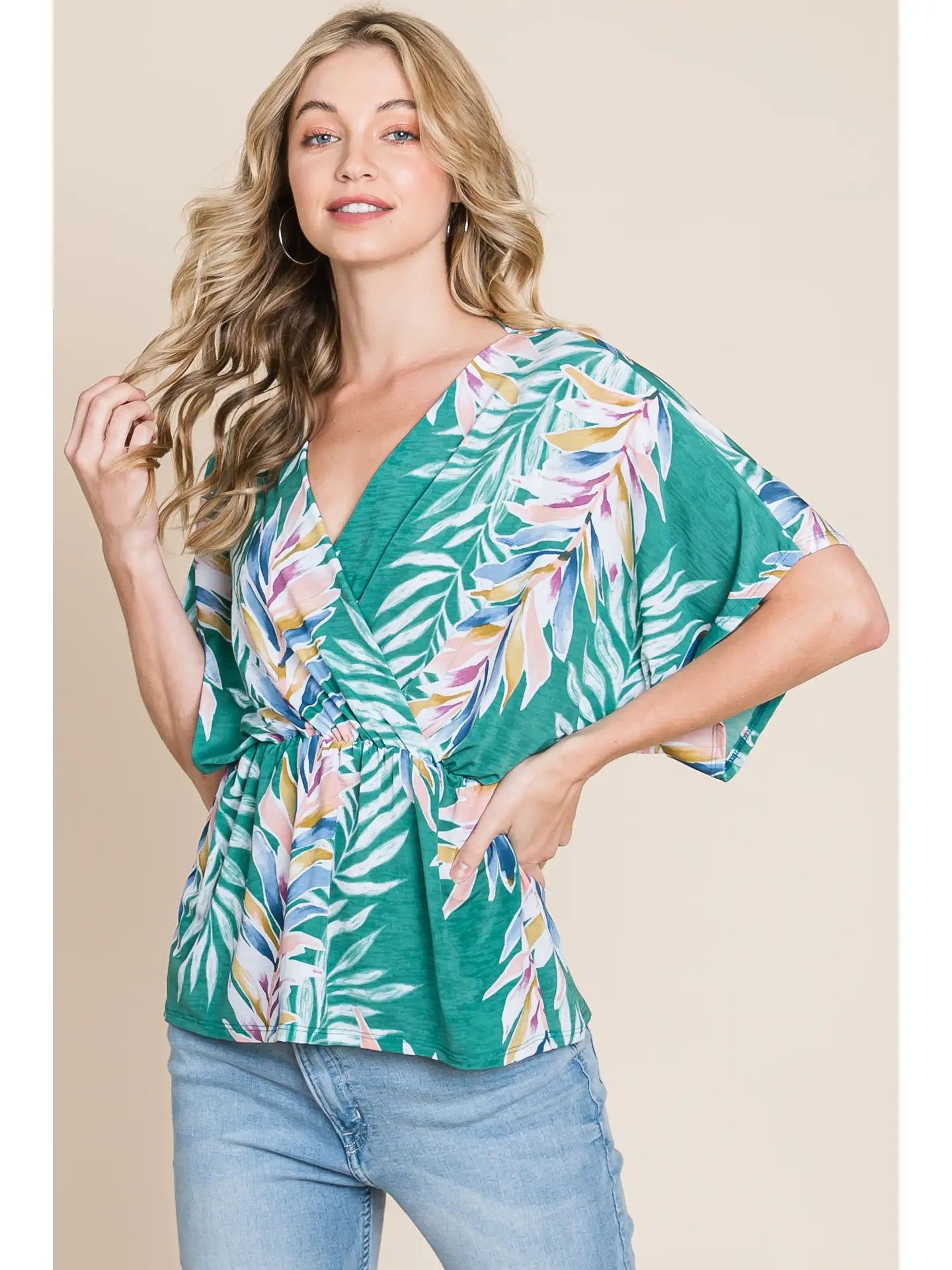 Green Summery Tropical Plants Wrap Blouse