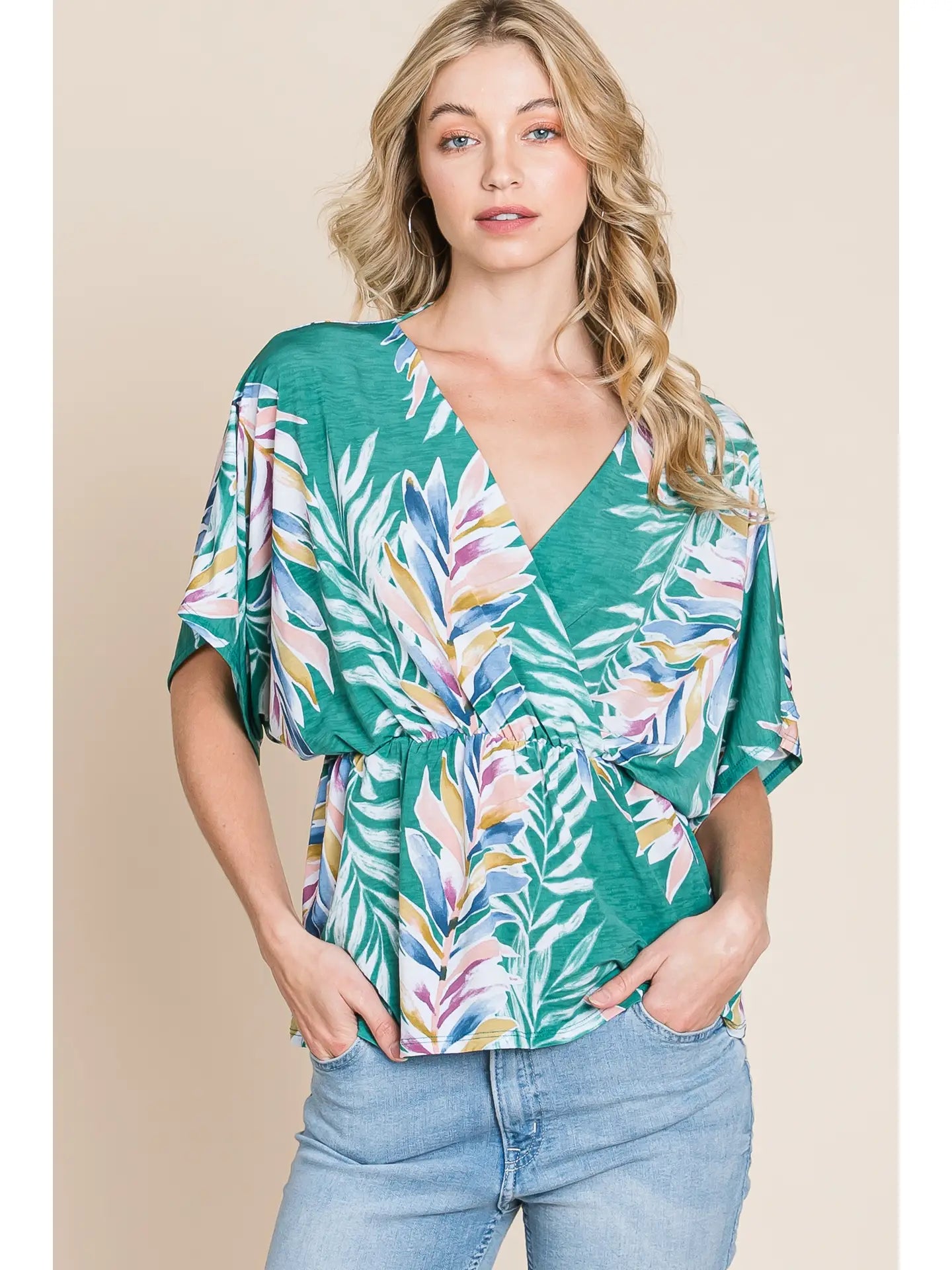 Green Summery Tropical Plants Wrap Blouse