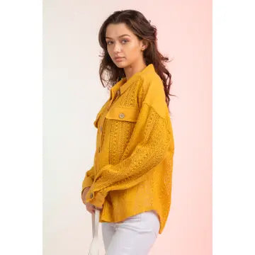 Yellow Lace Crochet Button Down Sheer Blouse