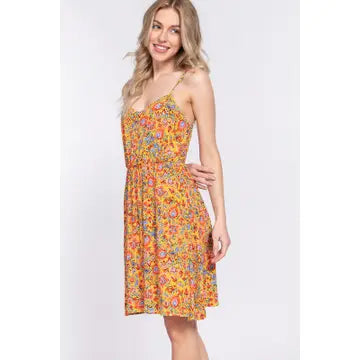 Yellow Round Neck Waist Shirring Floral Printed Woven Dress
