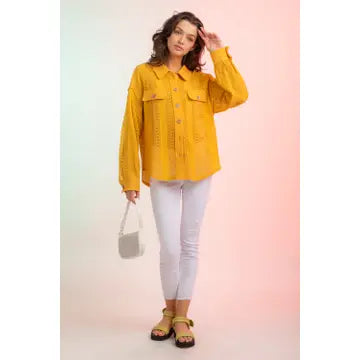 Yellow Lace Crochet Button Down Sheer Blouse