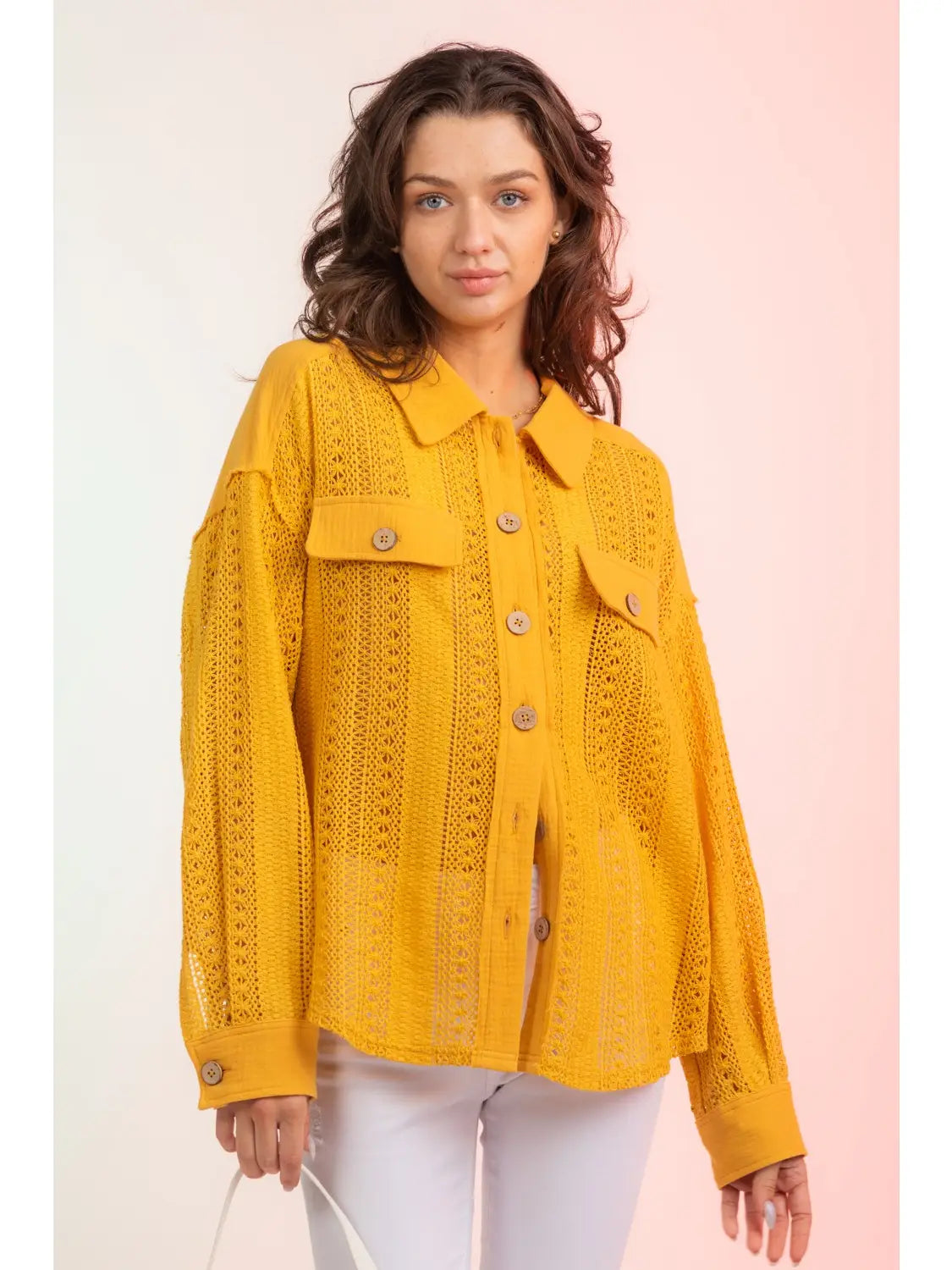 Yellow Lace Crochet Button Down Sheer Blouse