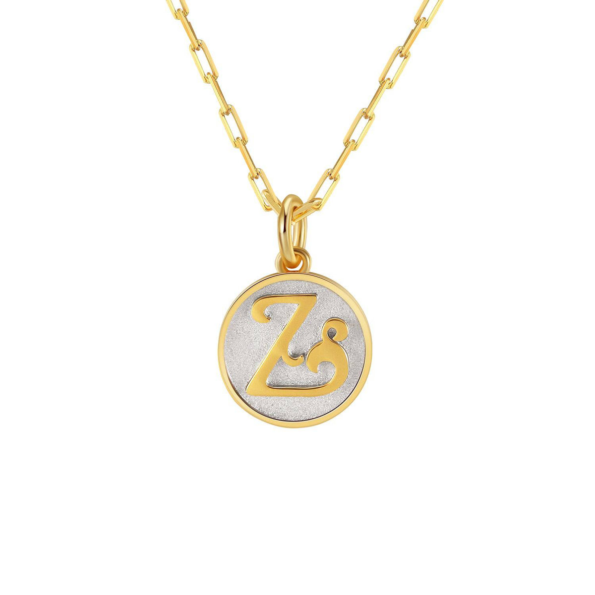 Saints and Saviors Dainty Fancy Initial Pendant Necklace gold letter Z on a small silver disc