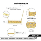 Gold necklace with clear CZ stones, measurements, and material details on a white background.