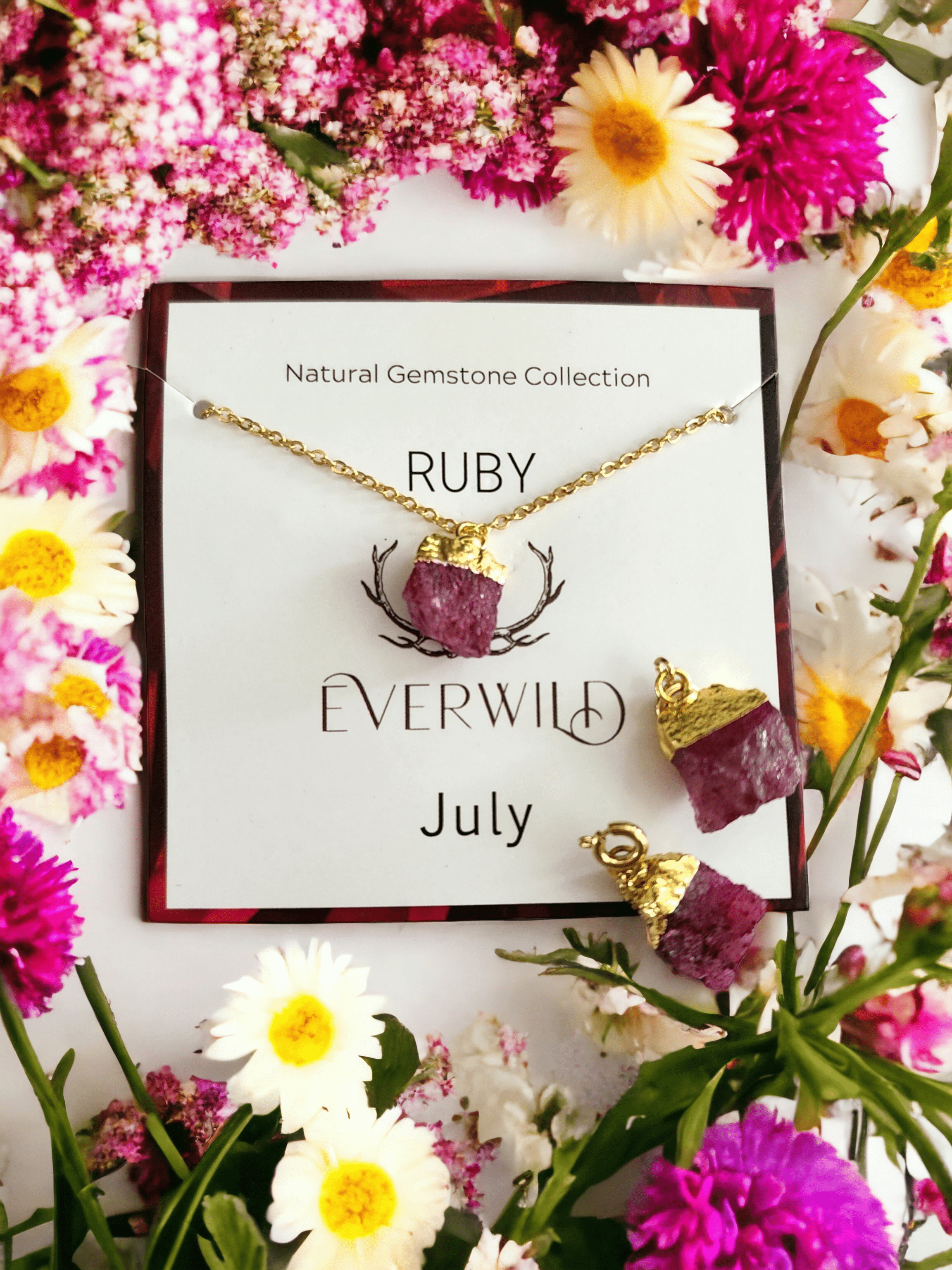 Raw Natural Gemstone Nugget Birthstone Necklace - July Ruby