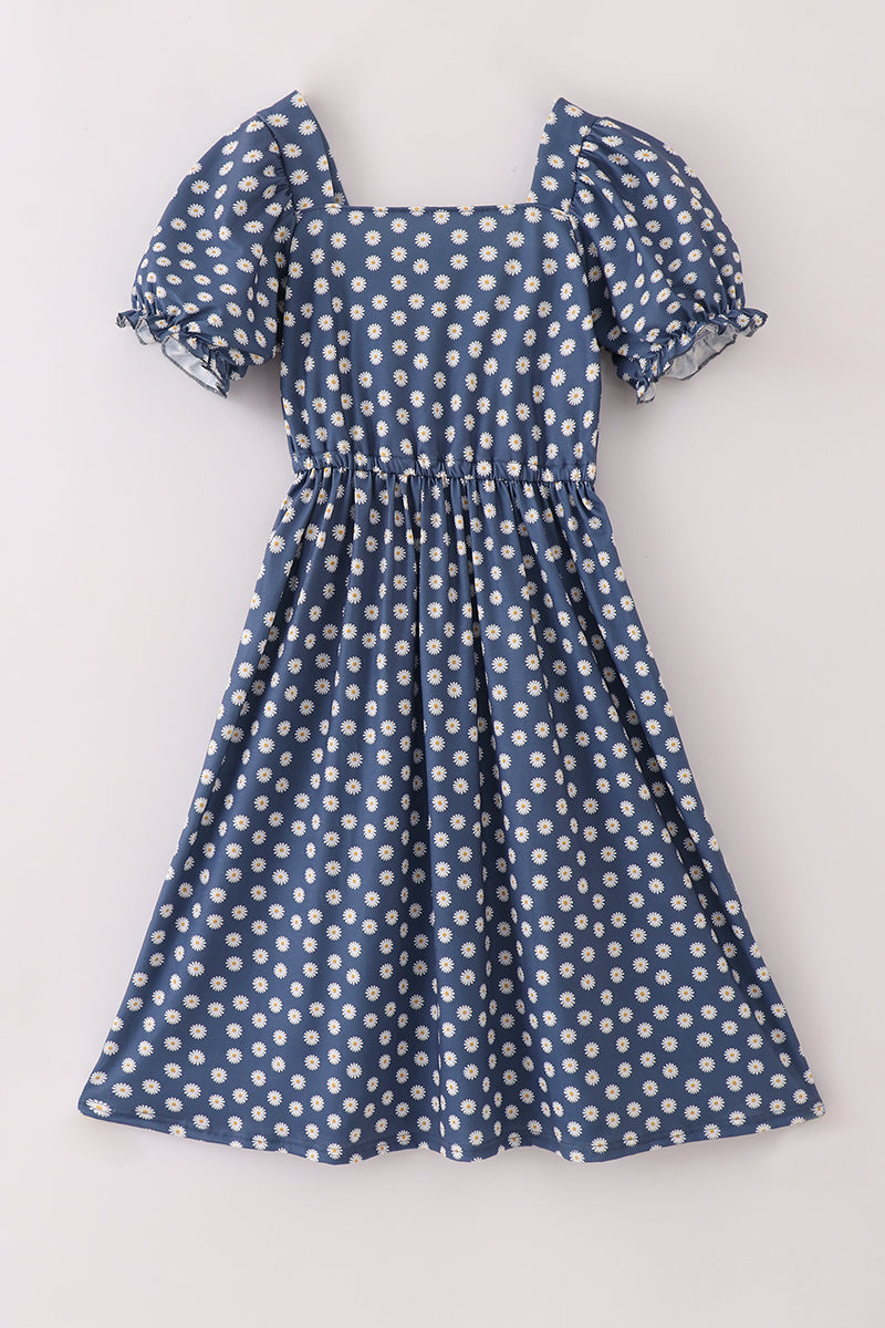 blue dress for baby girl Blue and Yellow Daisy Floral Tea Length Dress – Ohmollydress main image 1