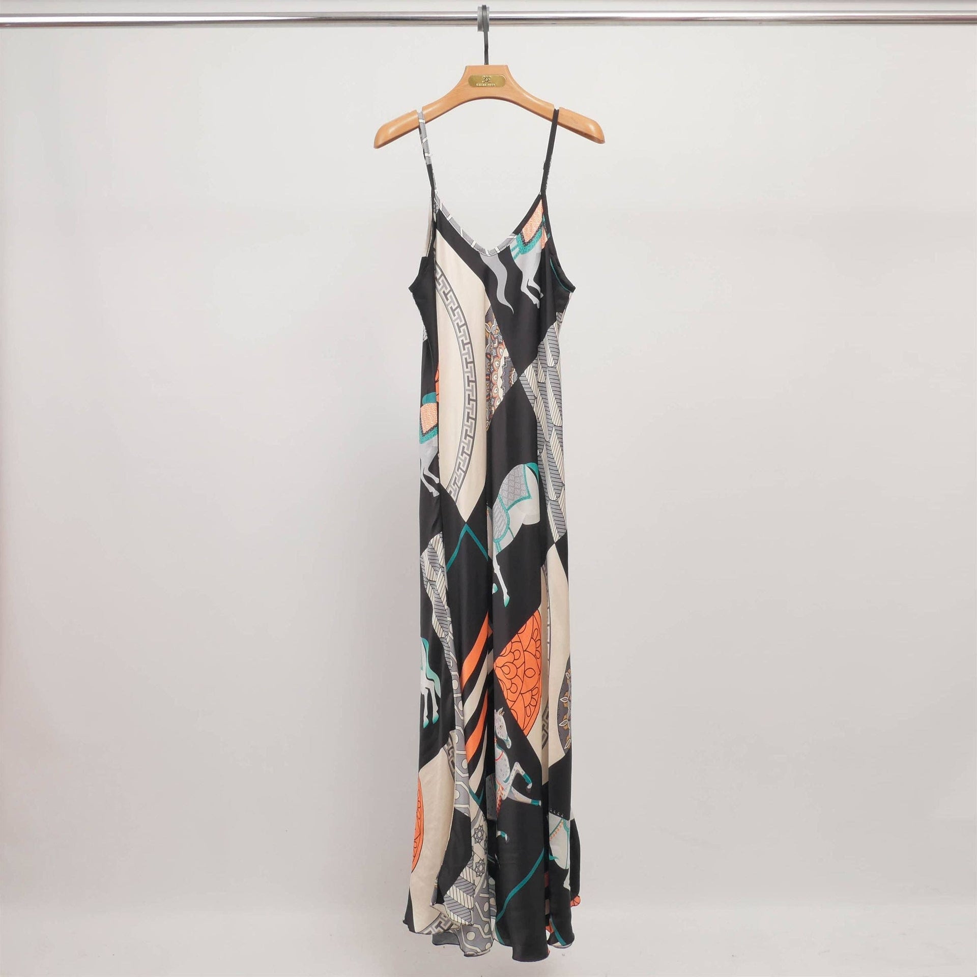 navy & orange dress Navy And Orange Printed Maxi Dress With Slits