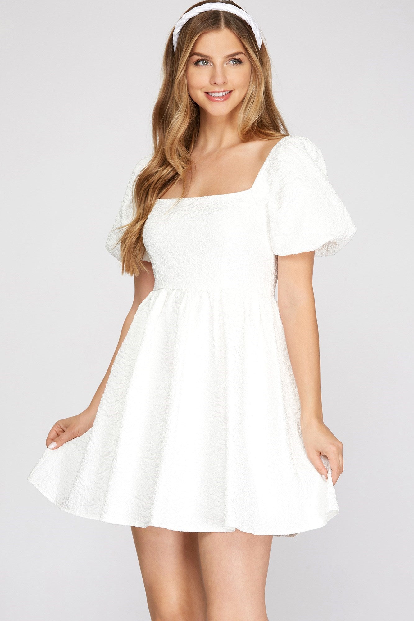 White Puff Sleeve Jacquard Babydoll Dress Large White Puff Sleeve Jacquard Babydoll Dress Large