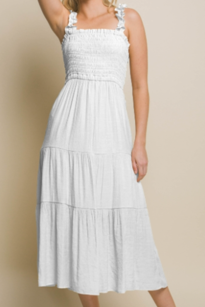 smock maxi dress Smock Top Ruffled Strap Tiered Maxi Dress in White Shoptiques smock maxi dress Smock Top Ruffled Strap Tiered Maxi Dress in White Shoptiques