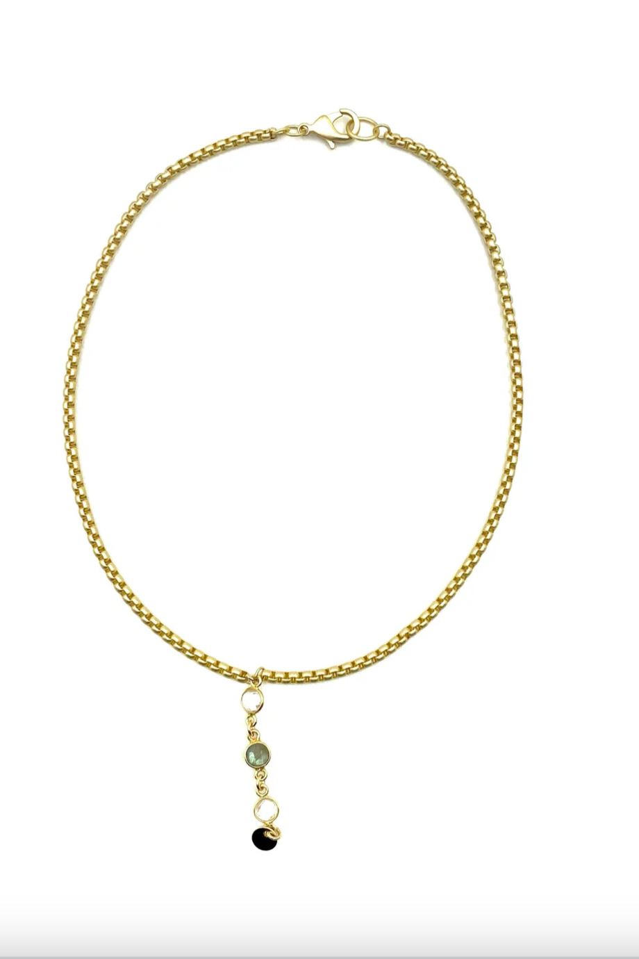 18 kt solid gold plate over brass and palladium plated silver over brass, gold plated/sterling bezel-set, semi-precious labradorite and crystal stones plus gold-filled disc drop Main