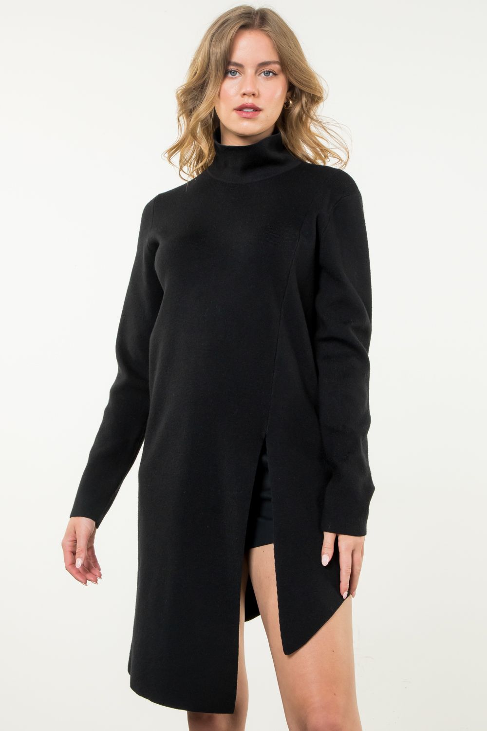 Turtleneck Slit Sweater Dress - Black / XS Turtleneck Slit Sweater Dress - Black / XS